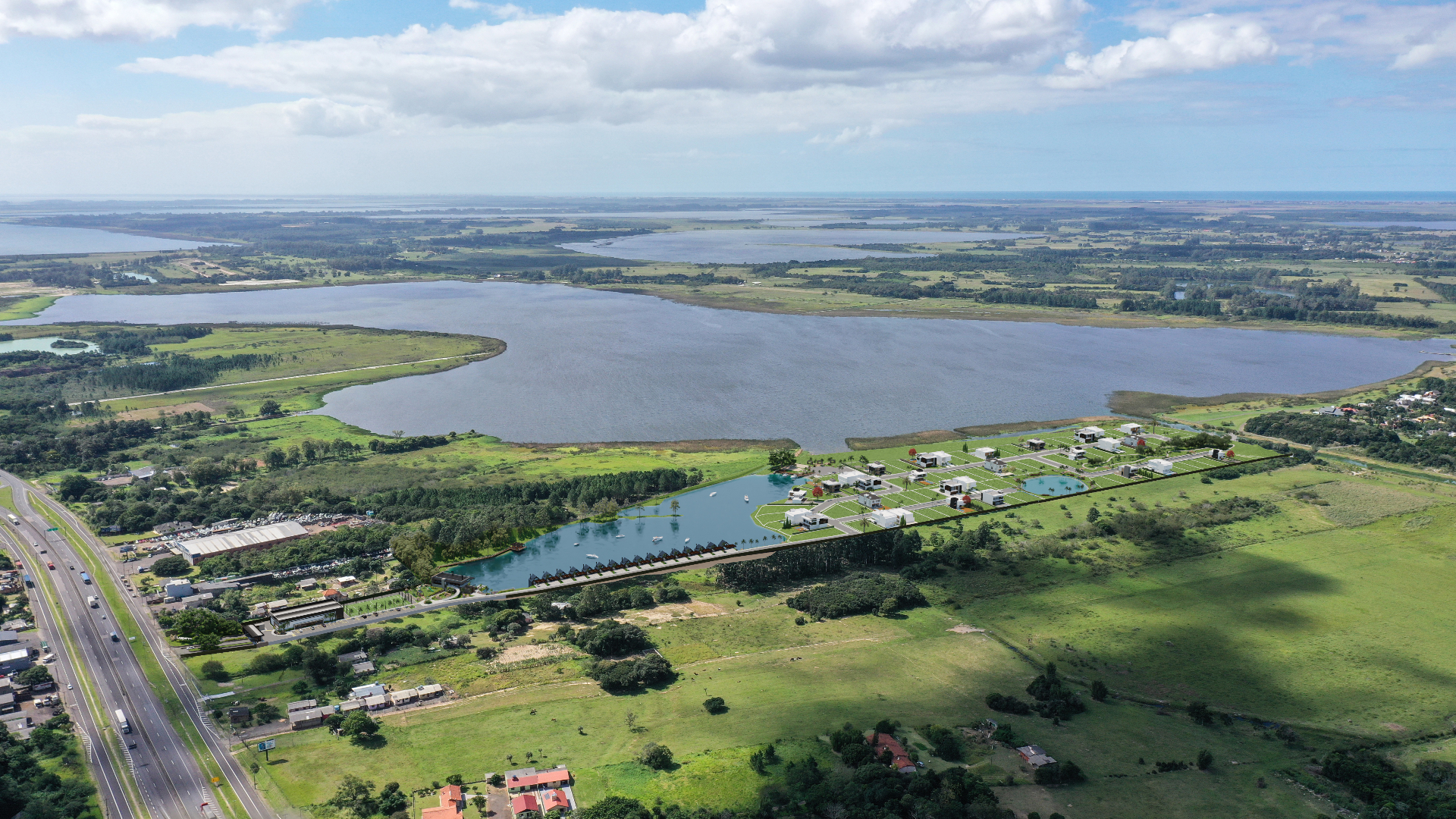 Vista de drone da lagoa e do empreendimento